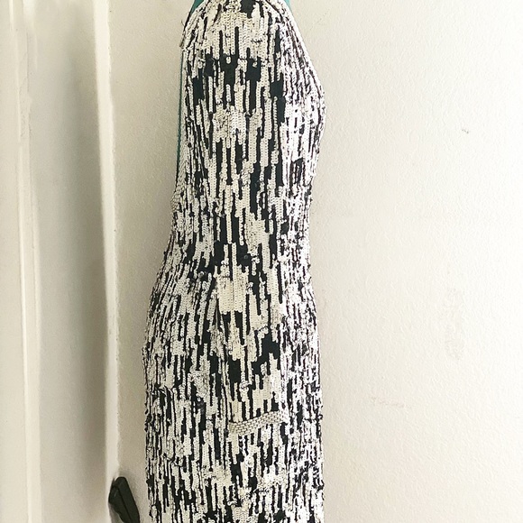 FRINGE NYE GEOMETRIC OLEG CASSINI BLACK TIE ART DECO PEARL DRESS SZ 8 - Picture 3 of 5